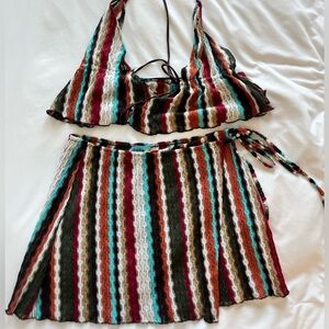 Matching crochet stripped knit skirt and adjustable top set